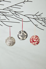 Load image into Gallery viewer, felted ball ornament with grey base and white felted embroidery design
