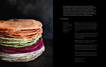 Load image into Gallery viewer, Stack of colorful flatbreads on a dark background with text on the right side.
