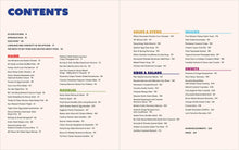Load image into Gallery viewer, An open cookbook spread showing the table of contents, with the left page headed 'CONTENTS' in large blue text and the right page continuing the index with section titles and recipe numbers.
