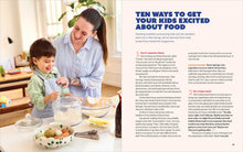 Load image into Gallery viewer, Woman and child cooking together in a kitchen with text about getting kids excited about food.
